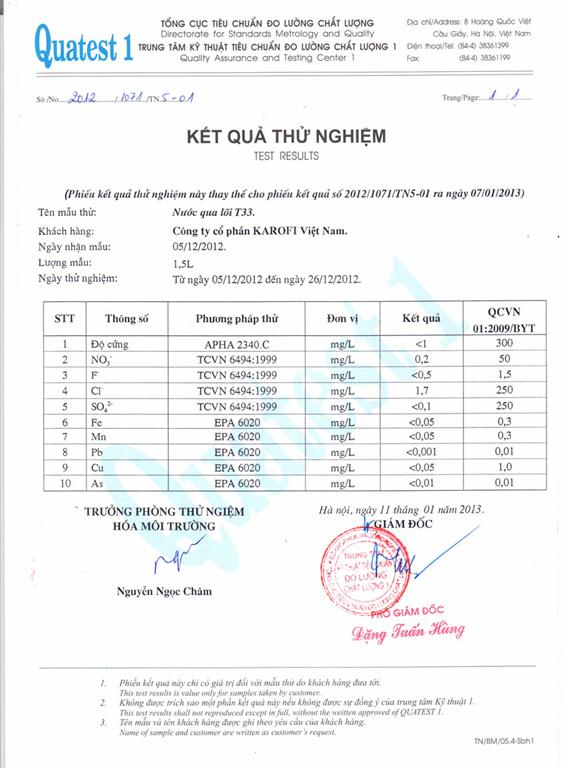 Chứng nhận đạt tiểu chuẩn của máy lọc nước Karofi