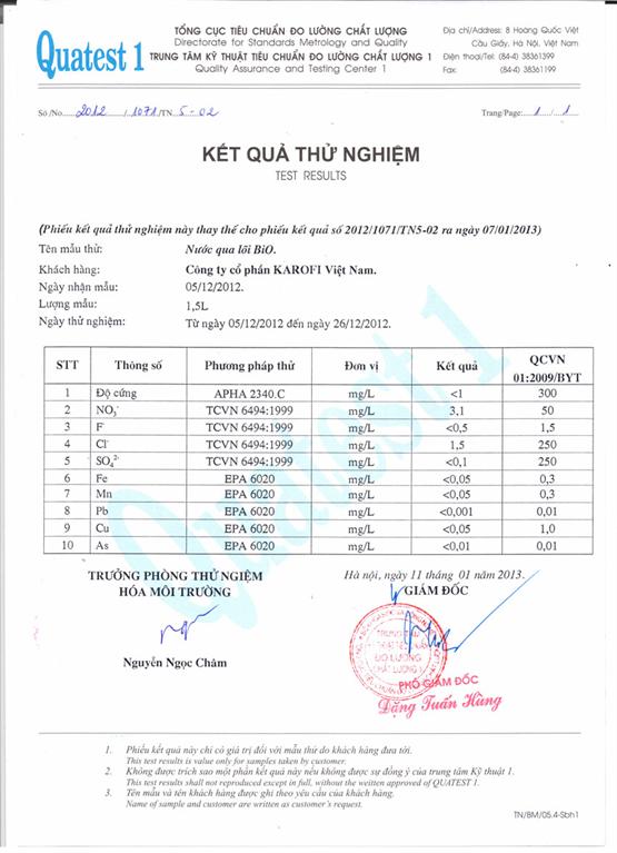 Chứng nhận đạt tiểu chuẩn của máy lọc nước Karofi