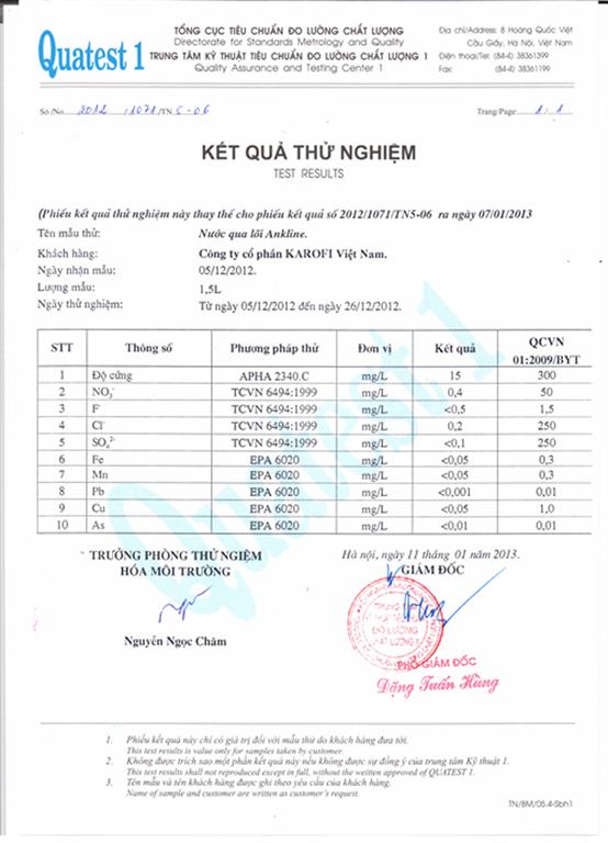 Chứng nhận đạt tiểu chuẩn của máy lọc nước Karofi