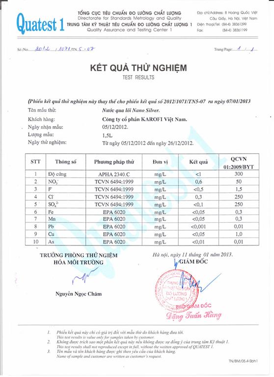 Chứng nhận đạt tiểu chuẩn của máy lọc nước Karofi