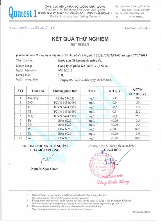 Chứng nhận đạt tiểu chuẩn của máy lọc nước Karofi